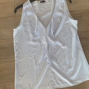ANN TAYLOR BLUE & WHITE STRIPED RUFFLE TOP